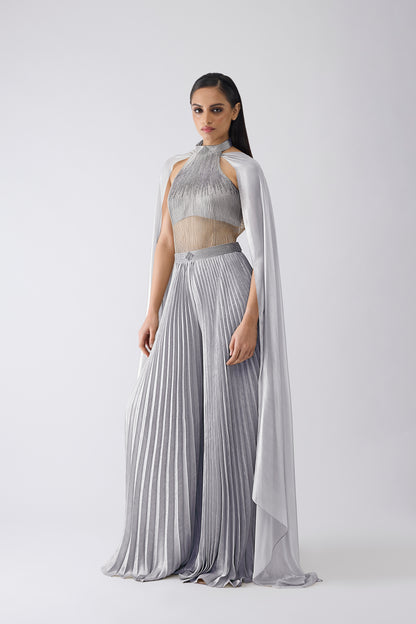 Corded Bodysuit With Pants And Drape