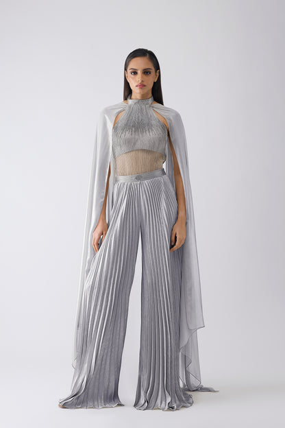 Corded Bodysuit With Pants And Drape