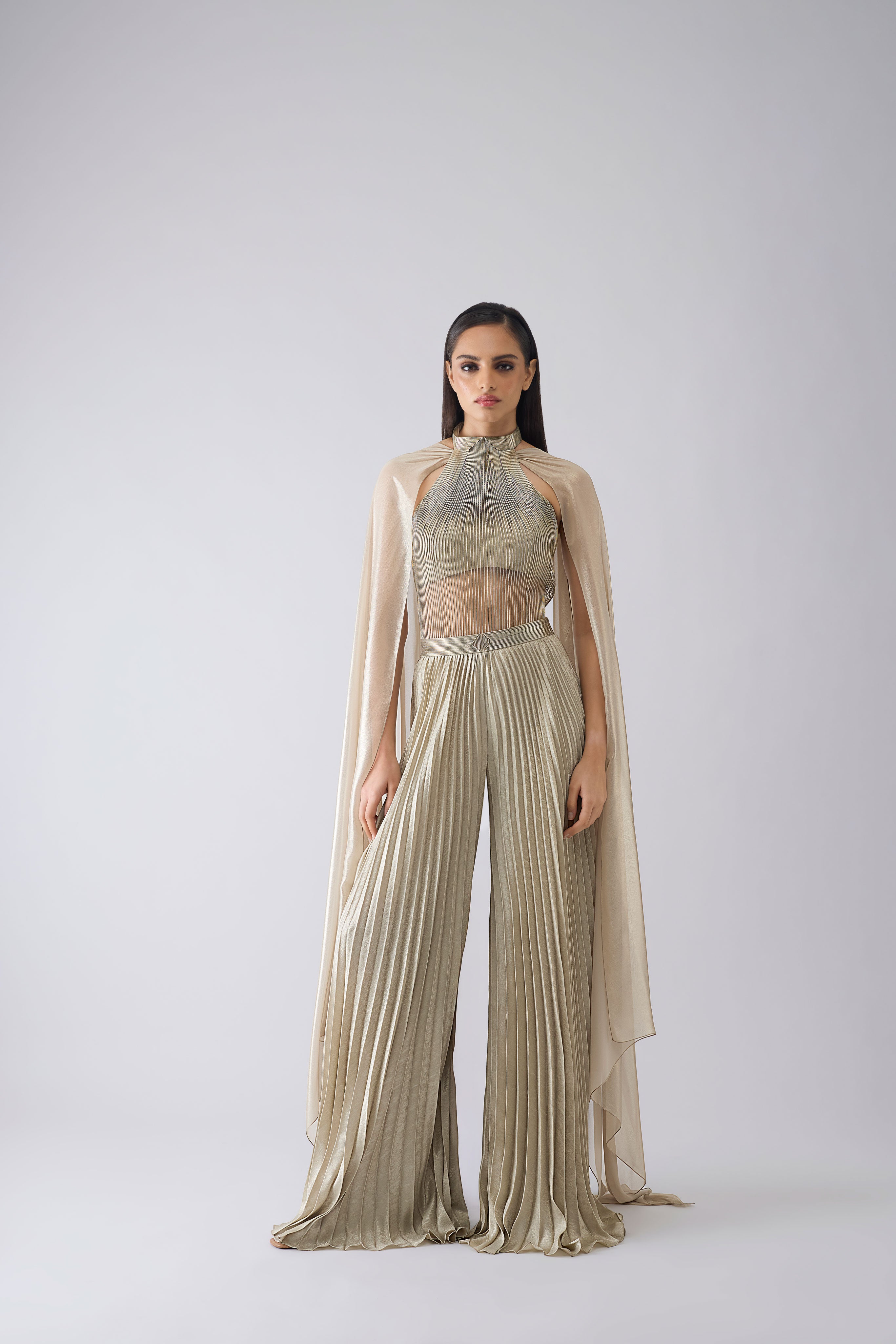 Corded Bodysuit With Pants And Drape