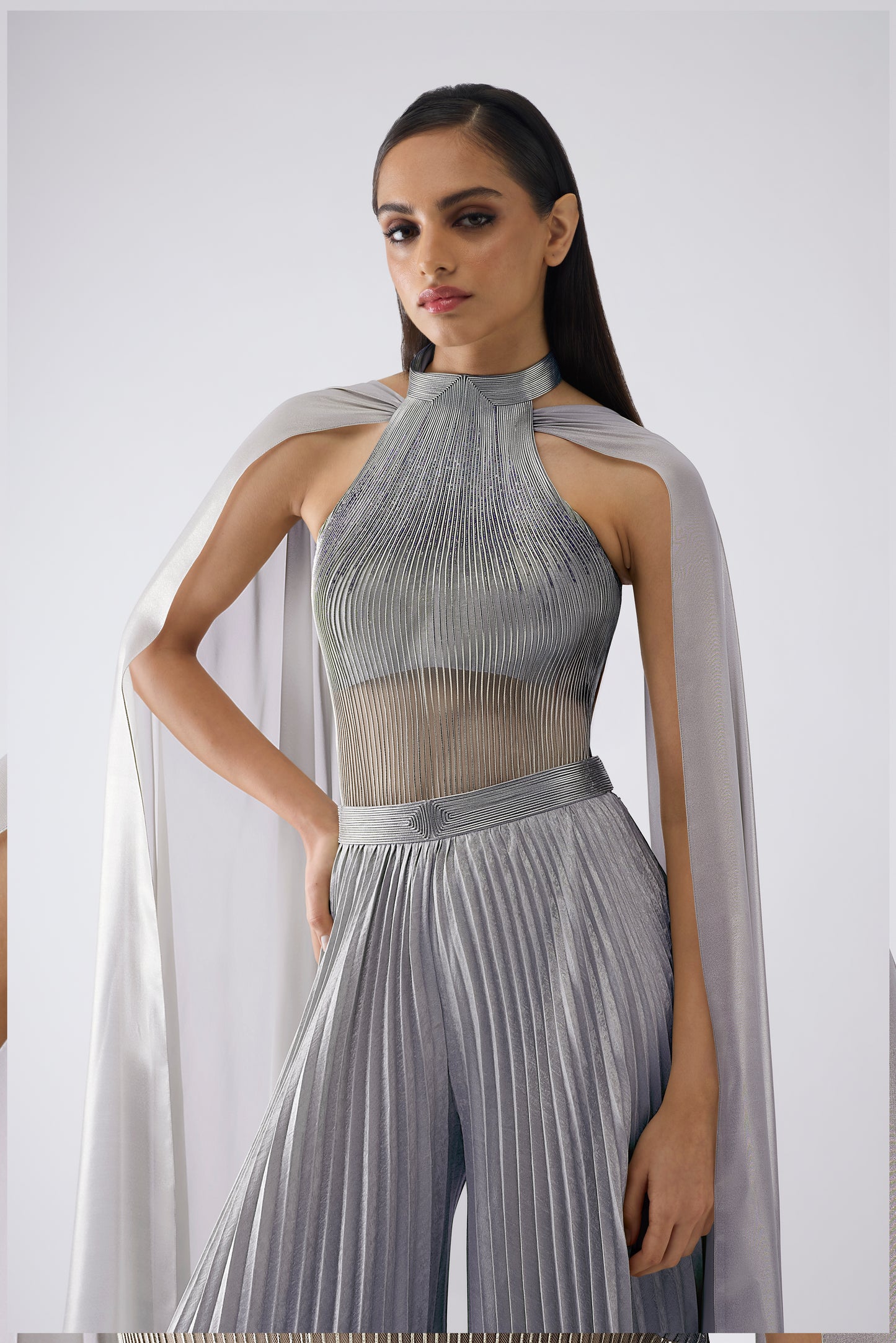 Corded Bodysuit With Pants And Drape