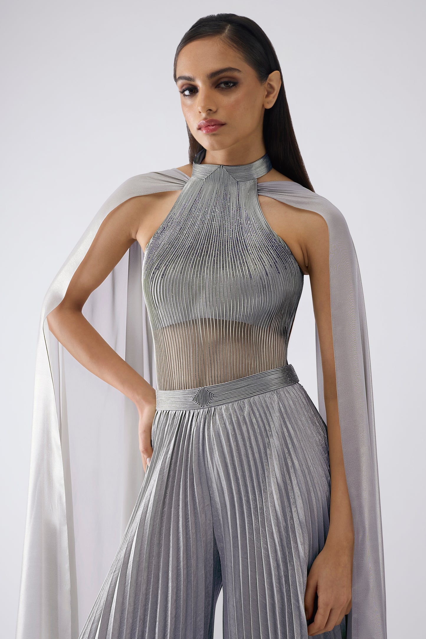 Corded Bodysuit With Pants And Drape