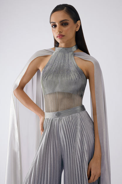 Corded Bodysuit With Pants And Drape