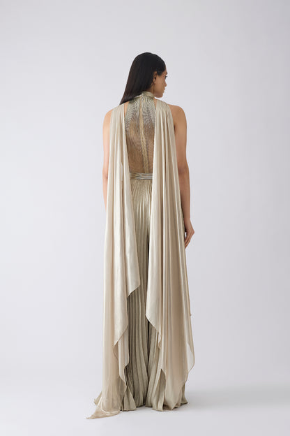 Corded Bodysuit With Pants And Drape