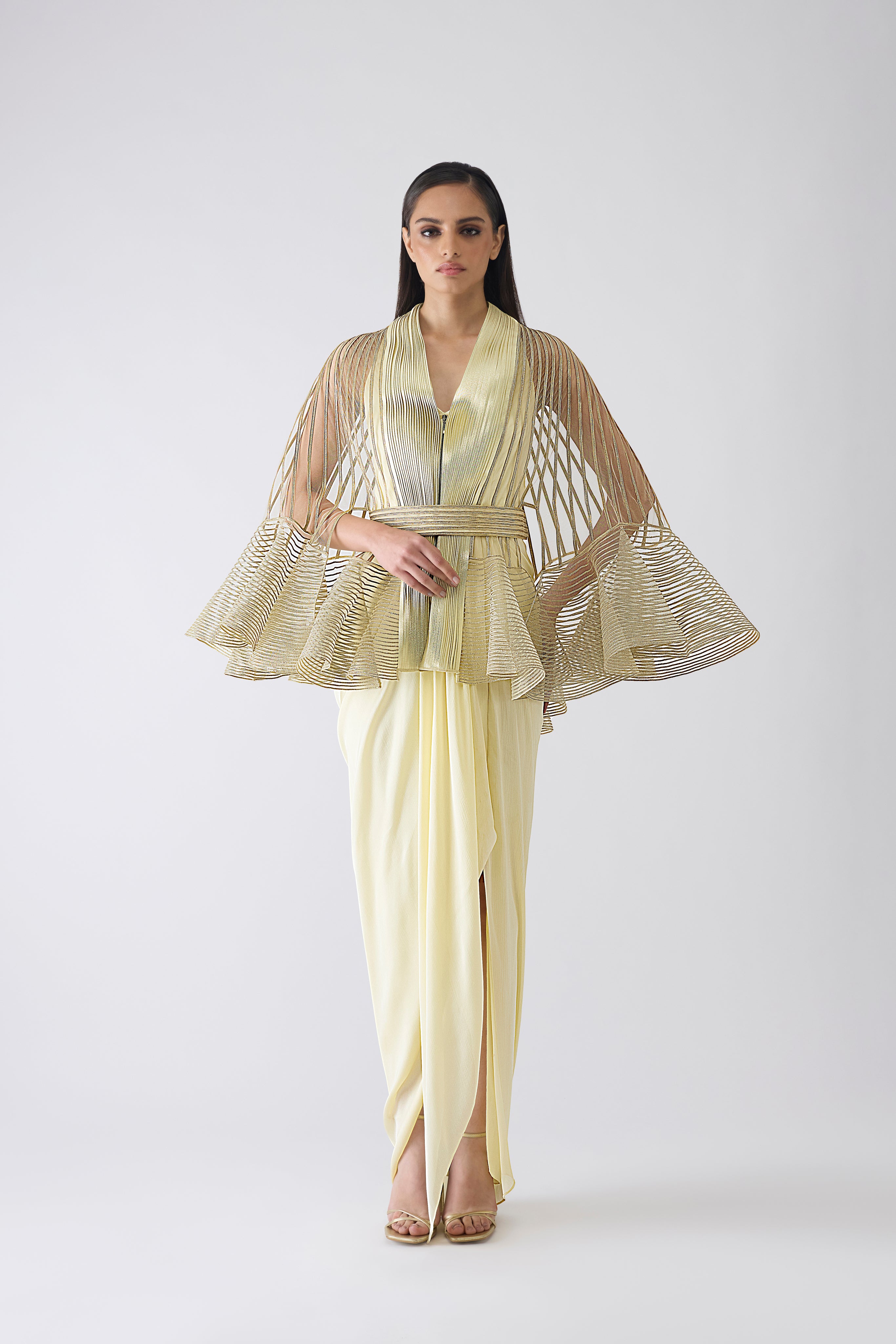 Metallic Corded Ruffle Cape And Dress