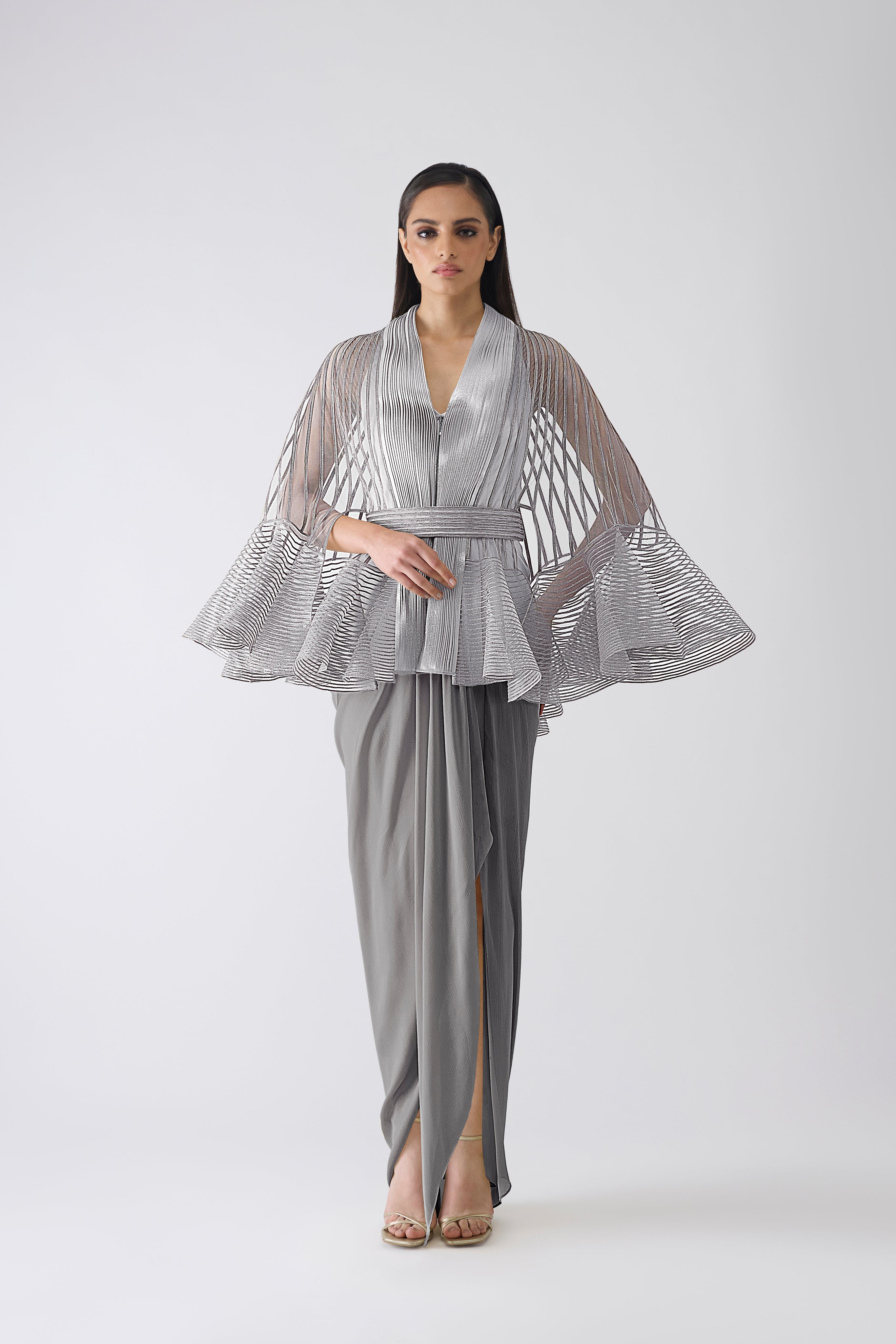 Metallic Corded Ruffle Cape And Dress