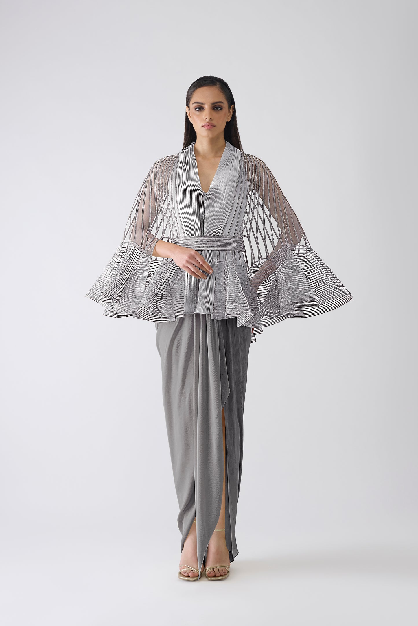 Metallic Corded Ruffle Cape And Dress