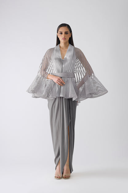 Metallic Corded Ruffle Cape And Dress