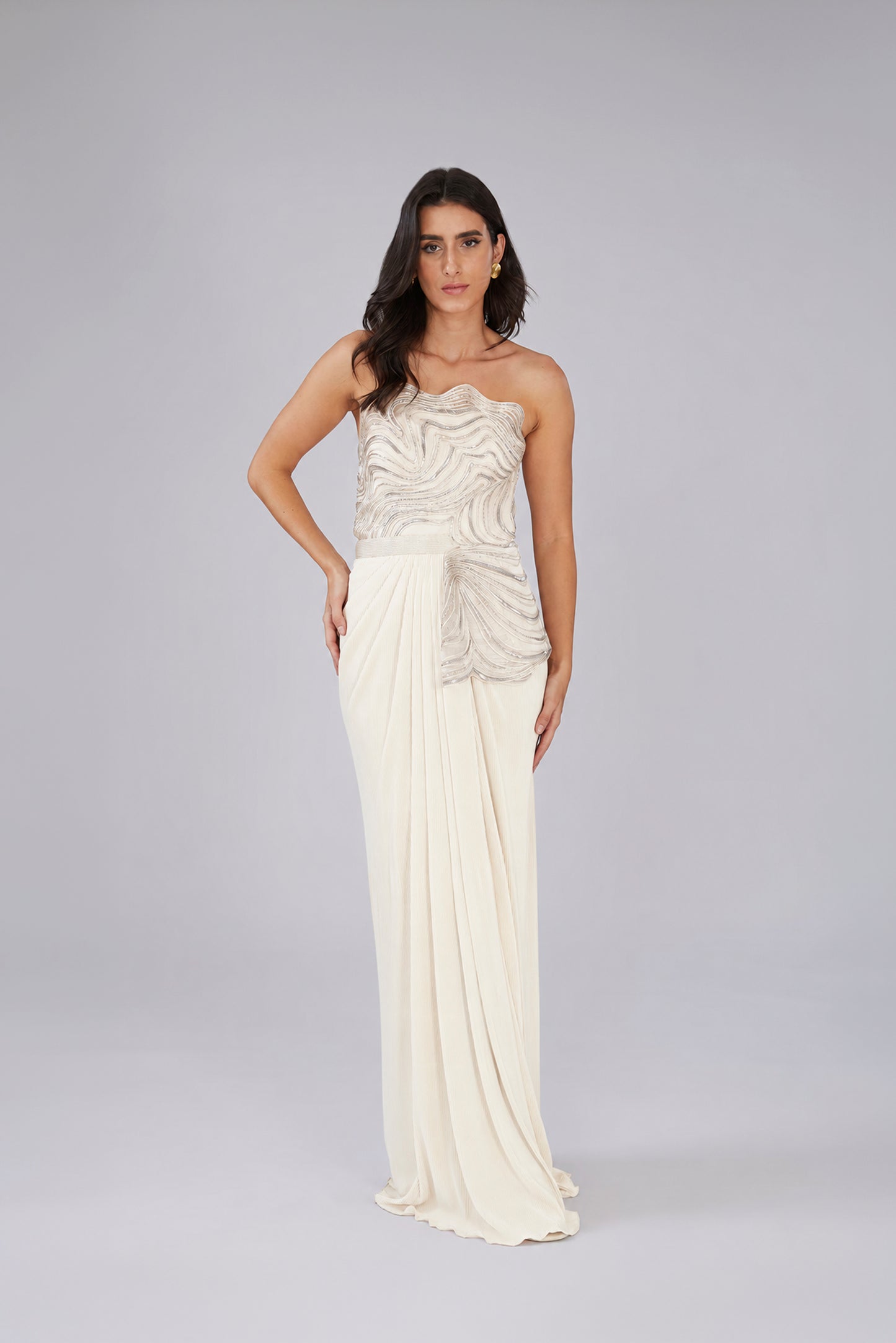 Moulded Off-Shoulder Plisse Gown