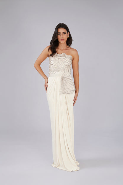 Moulded Off-Shoulder Plisse Gown