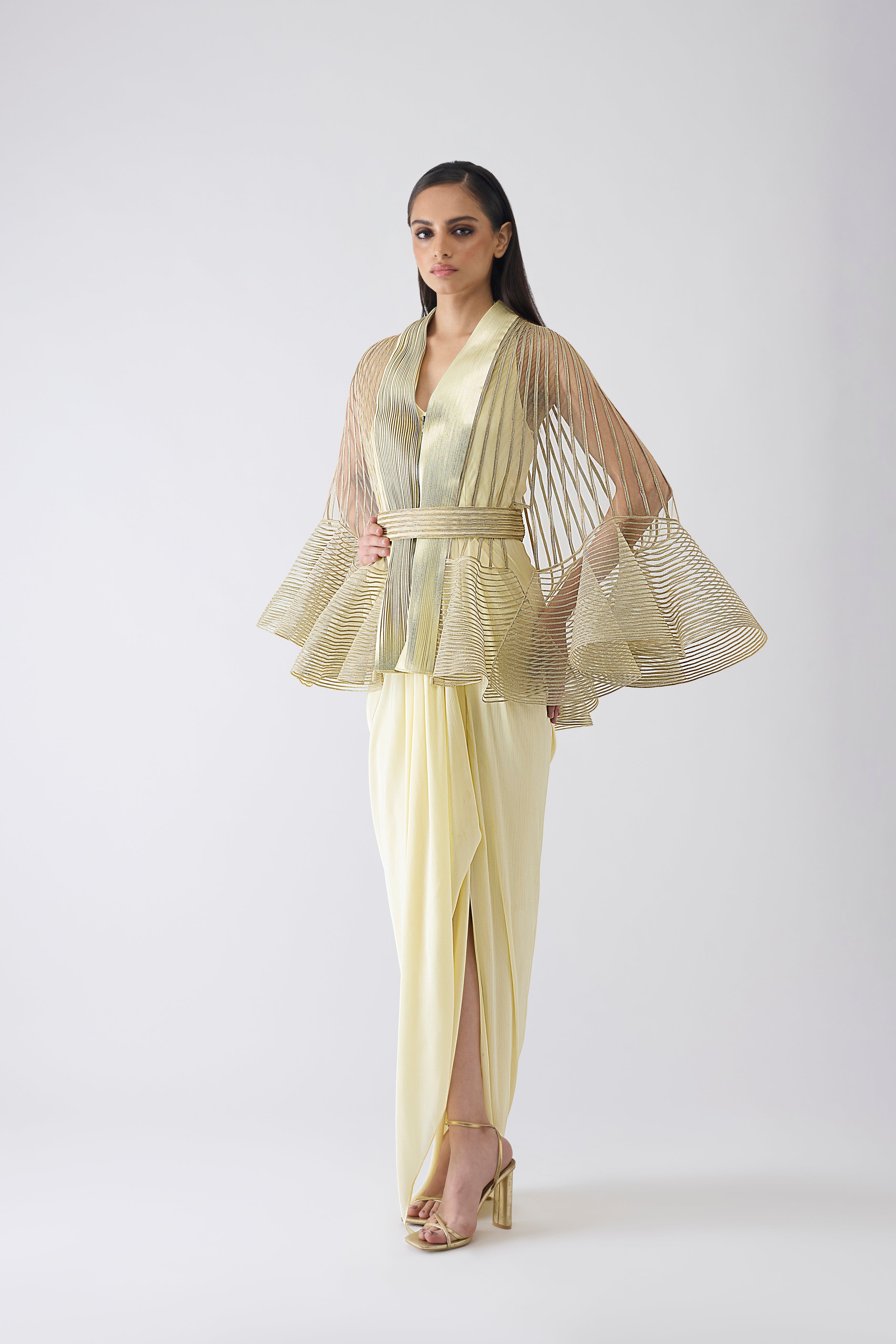 Metallic Corded Ruffle Cape And Dress