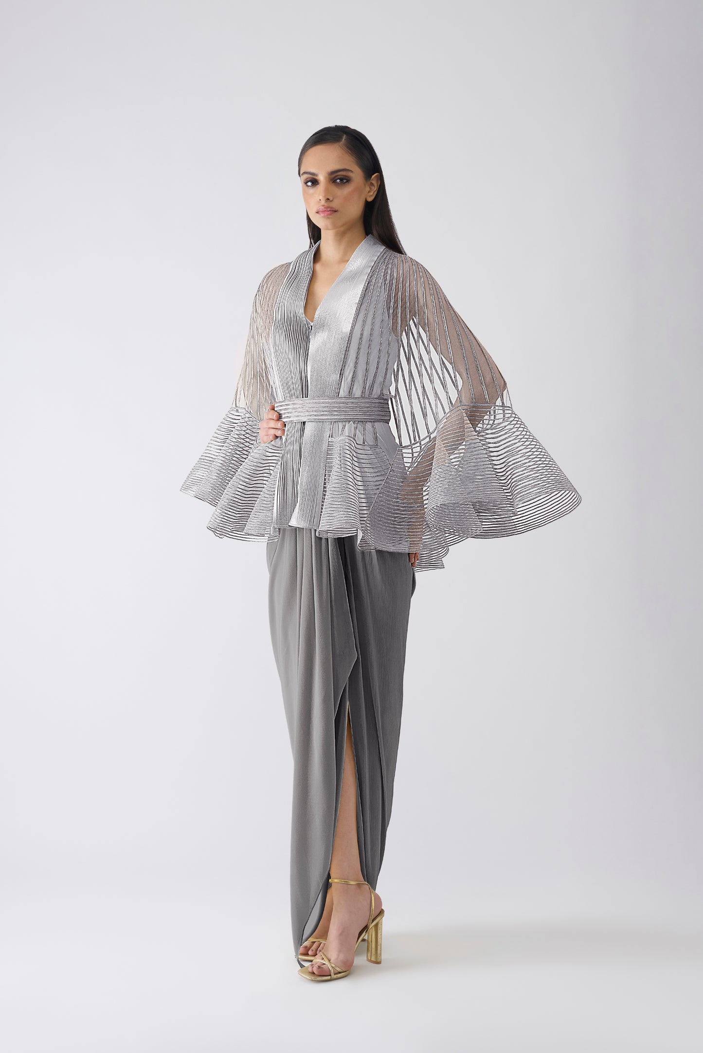 Metallic Corded Ruffle Cape And Dress