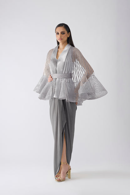 Metallic Corded Ruffle Cape And Dress