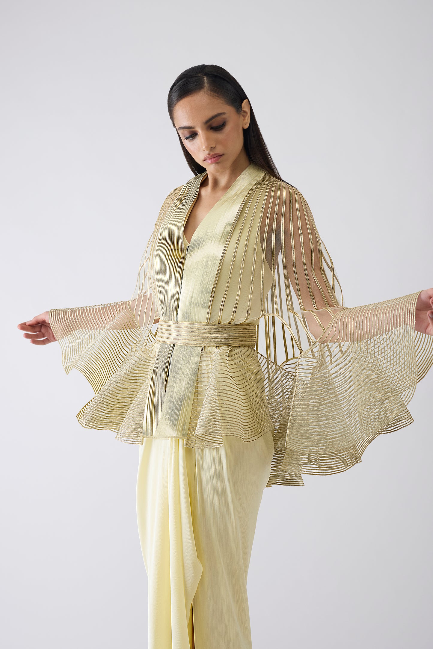 Metallic Corded Ruffle Cape And Dress