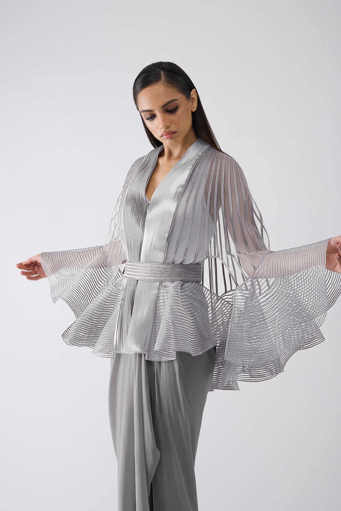 Metallic Corded Ruffle Cape And Dress