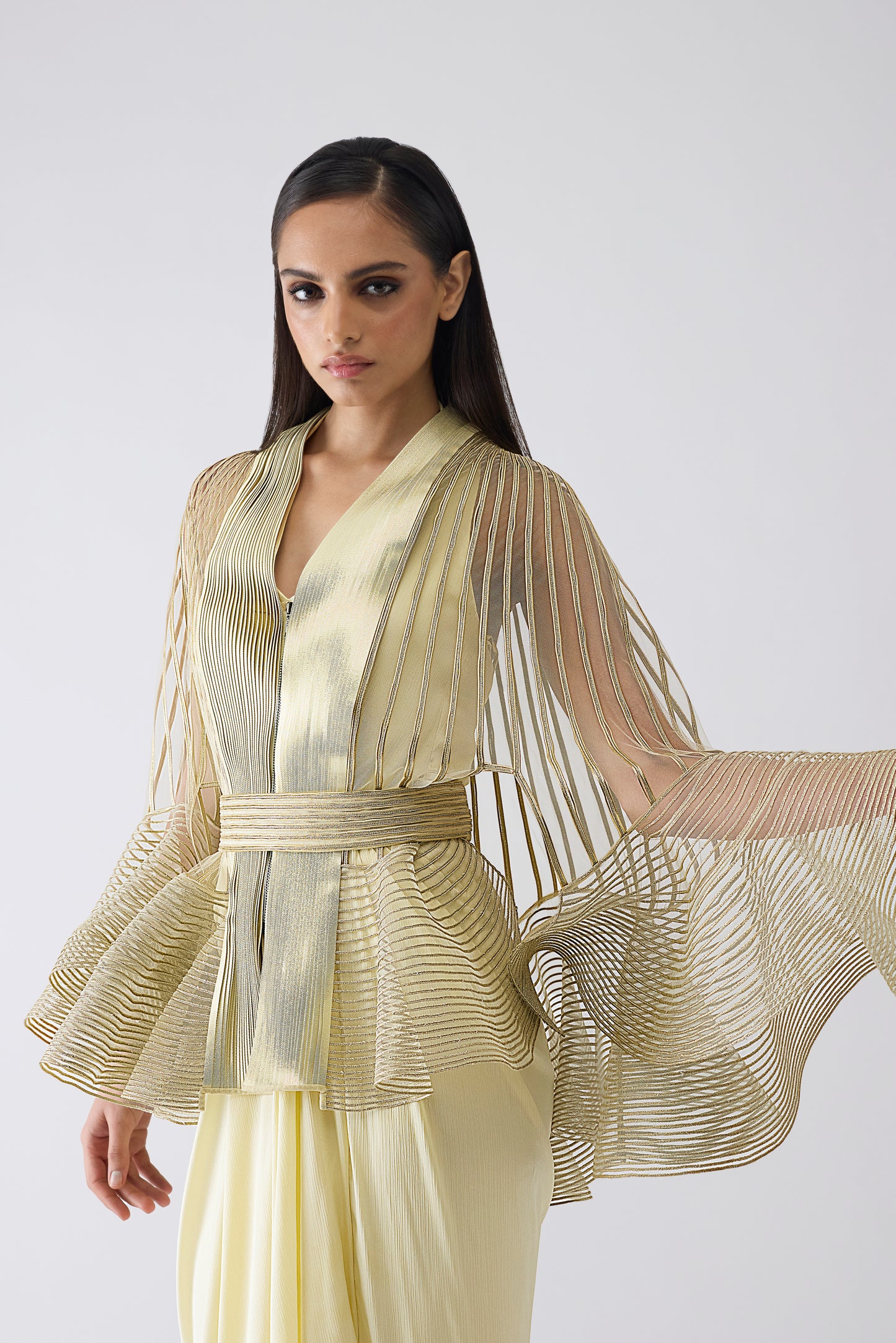 Metallic Corded Ruffle Cape And Dress