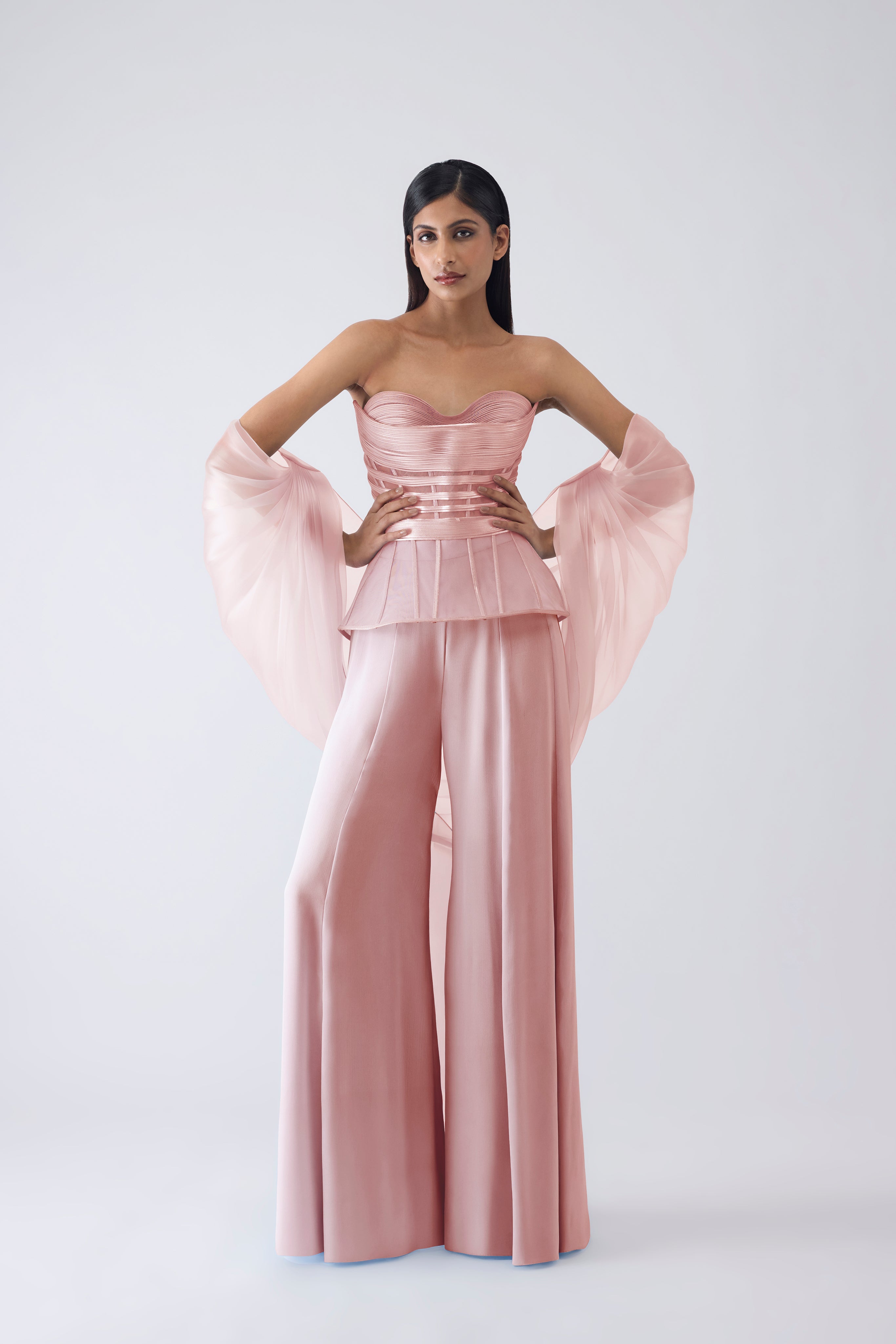 Metallic Structured Corset With Pants And Cape