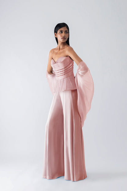 Metallic Structured Corset With Pants And Cape