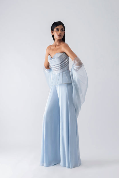 Metallic Structured Corset With Pants And Cape