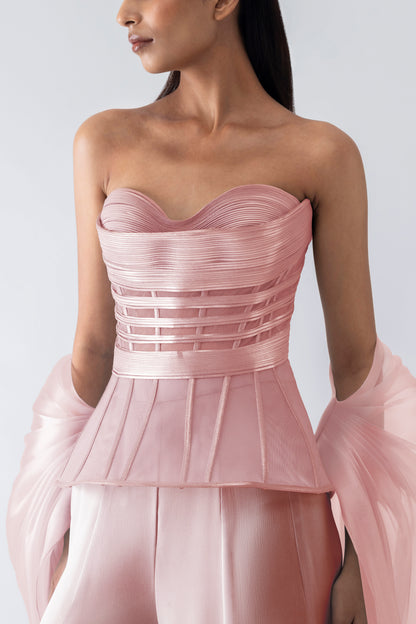 Metallic Structured Corset With Pants And Cape