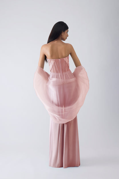 Metallic Structured Corset With Pants And Cape