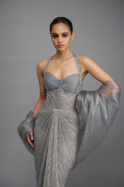 Moulded Beaded Gown With Cape
