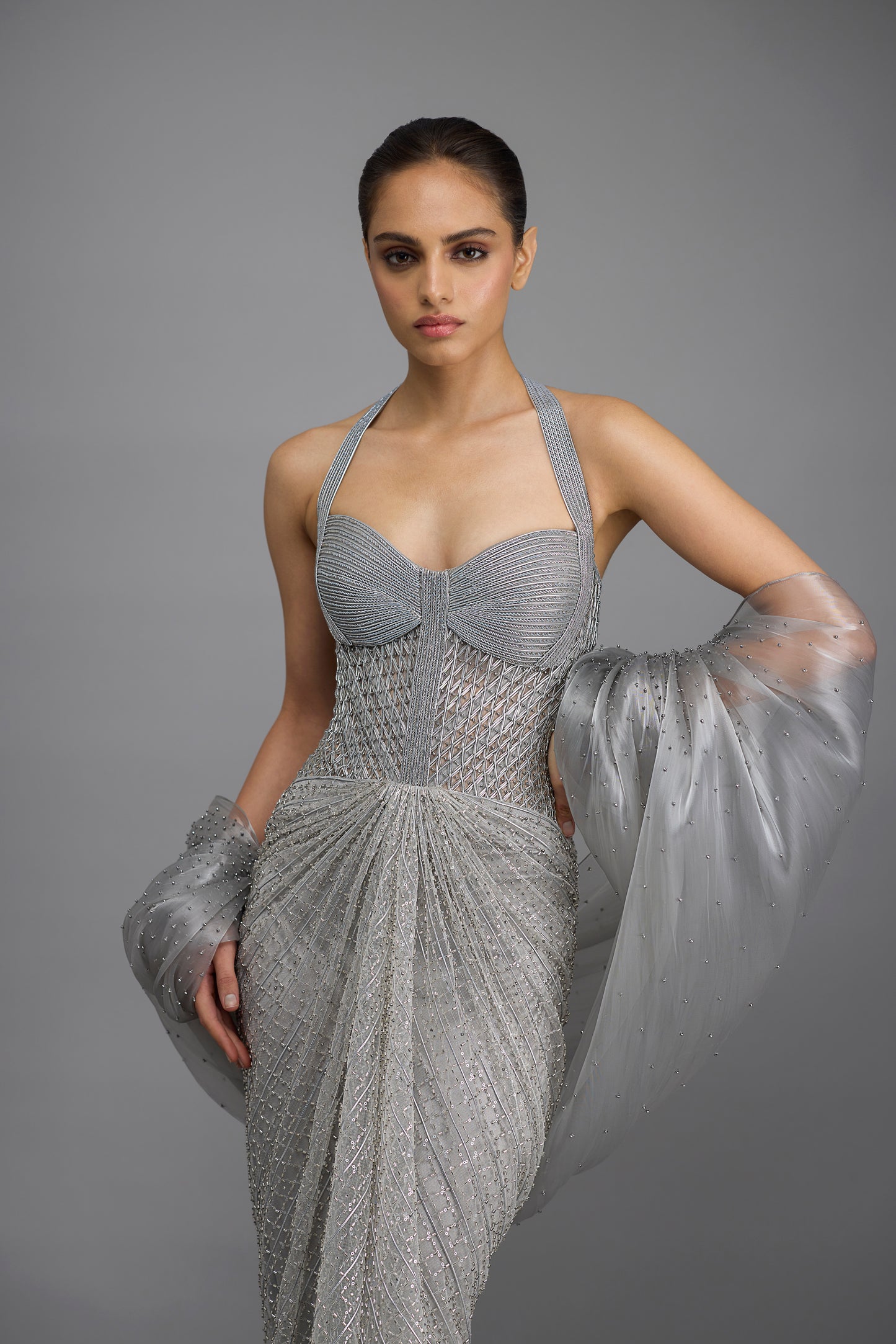 Moulded Beaded Gown With Cape