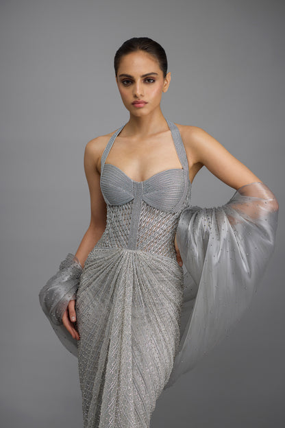 Moulded Beaded Gown With Cape