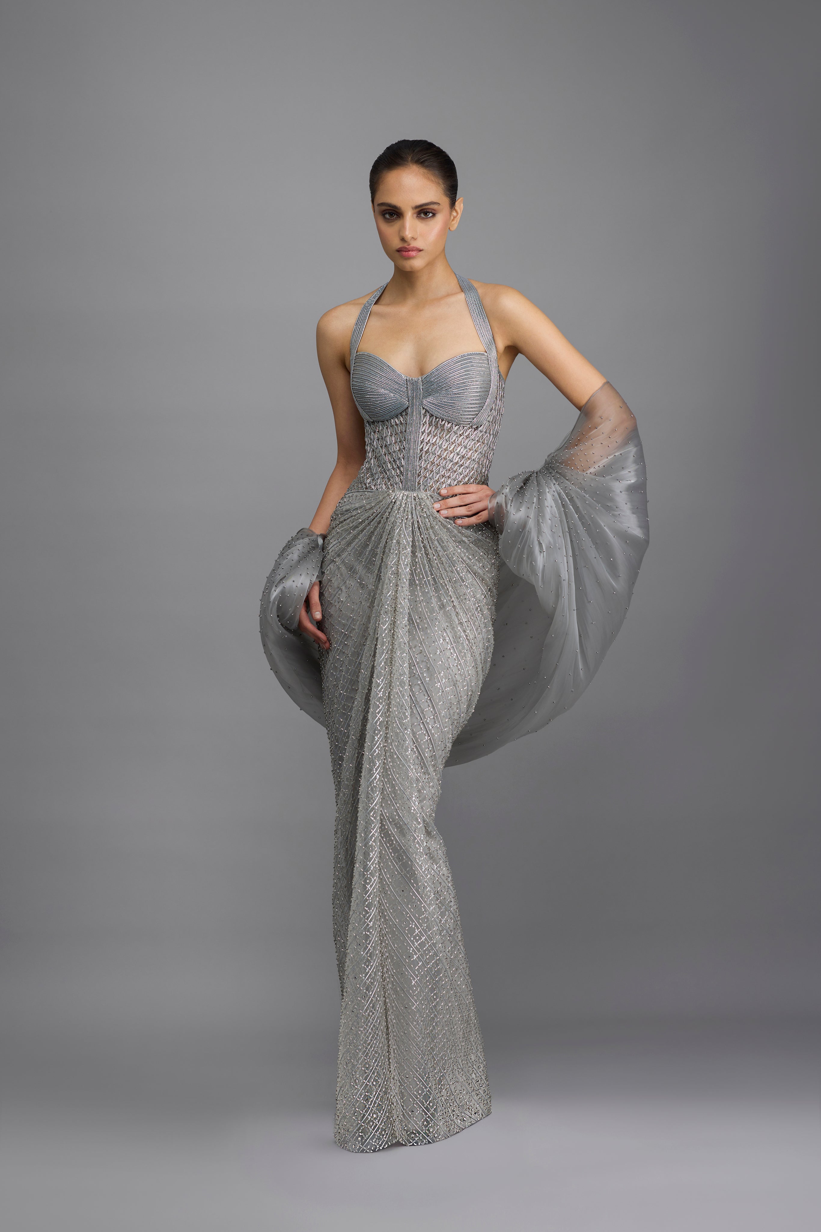 Moulded Beaded Gown With Cape