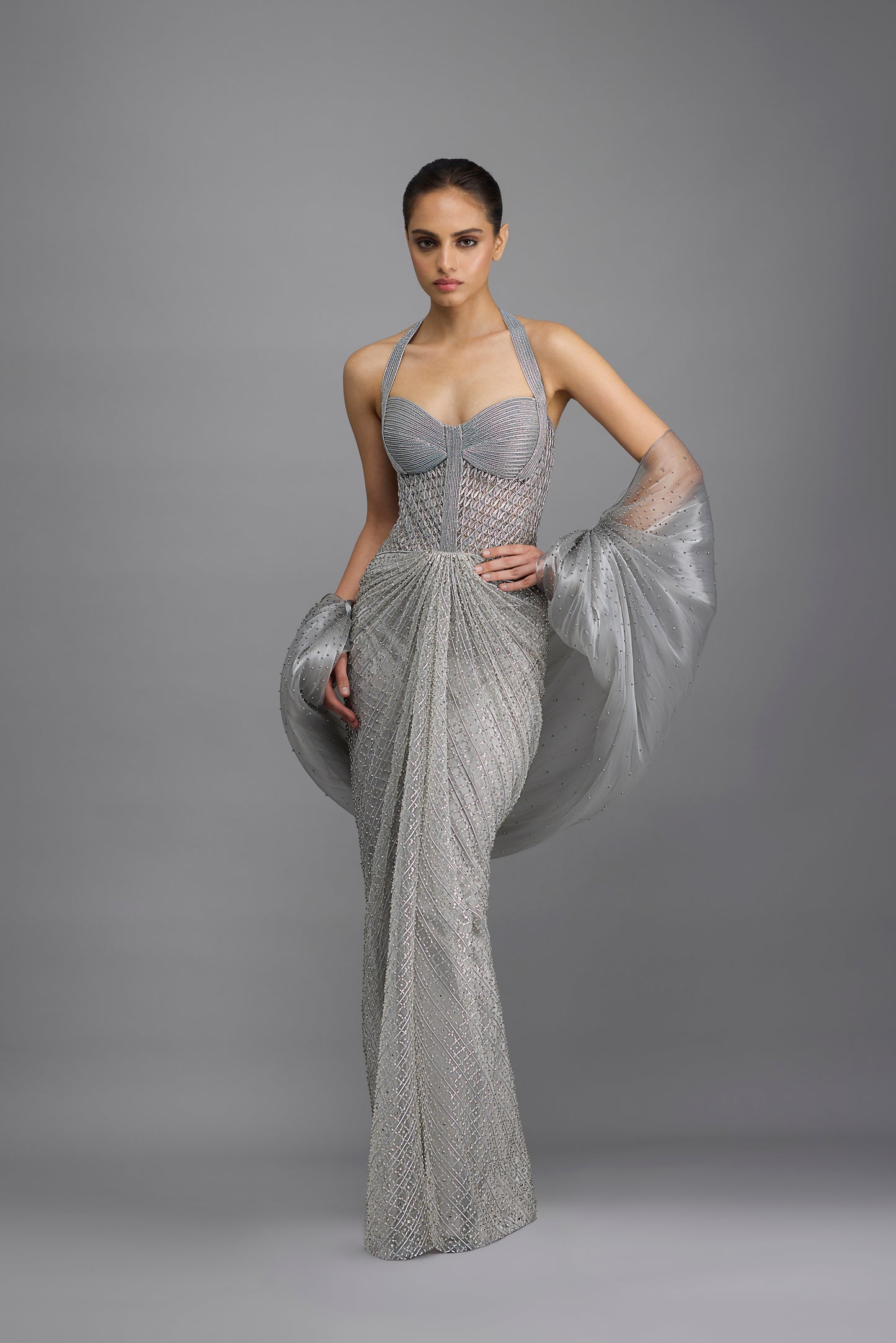 Moulded Beaded Gown With Cape