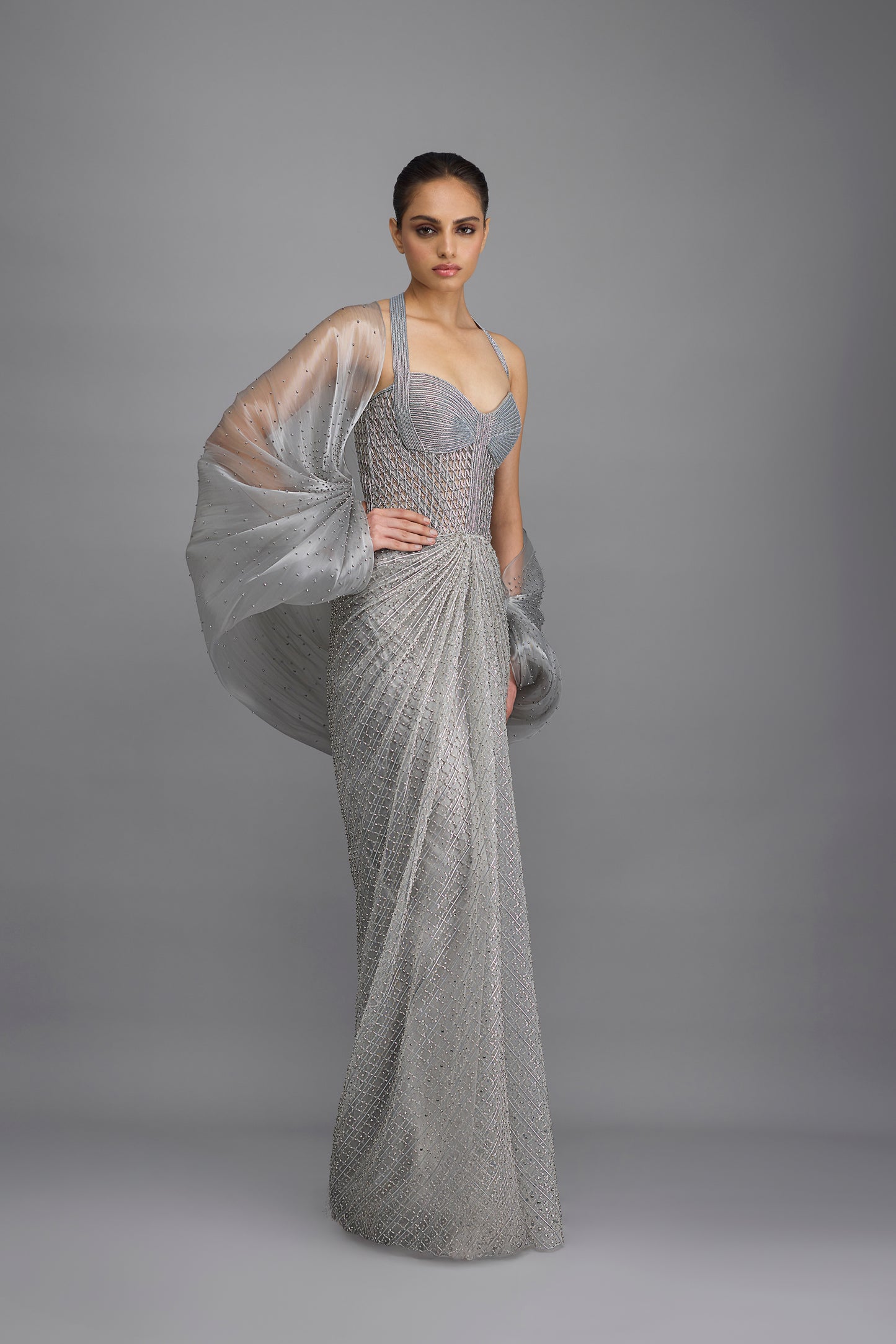 Moulded Beaded Gown With Cape