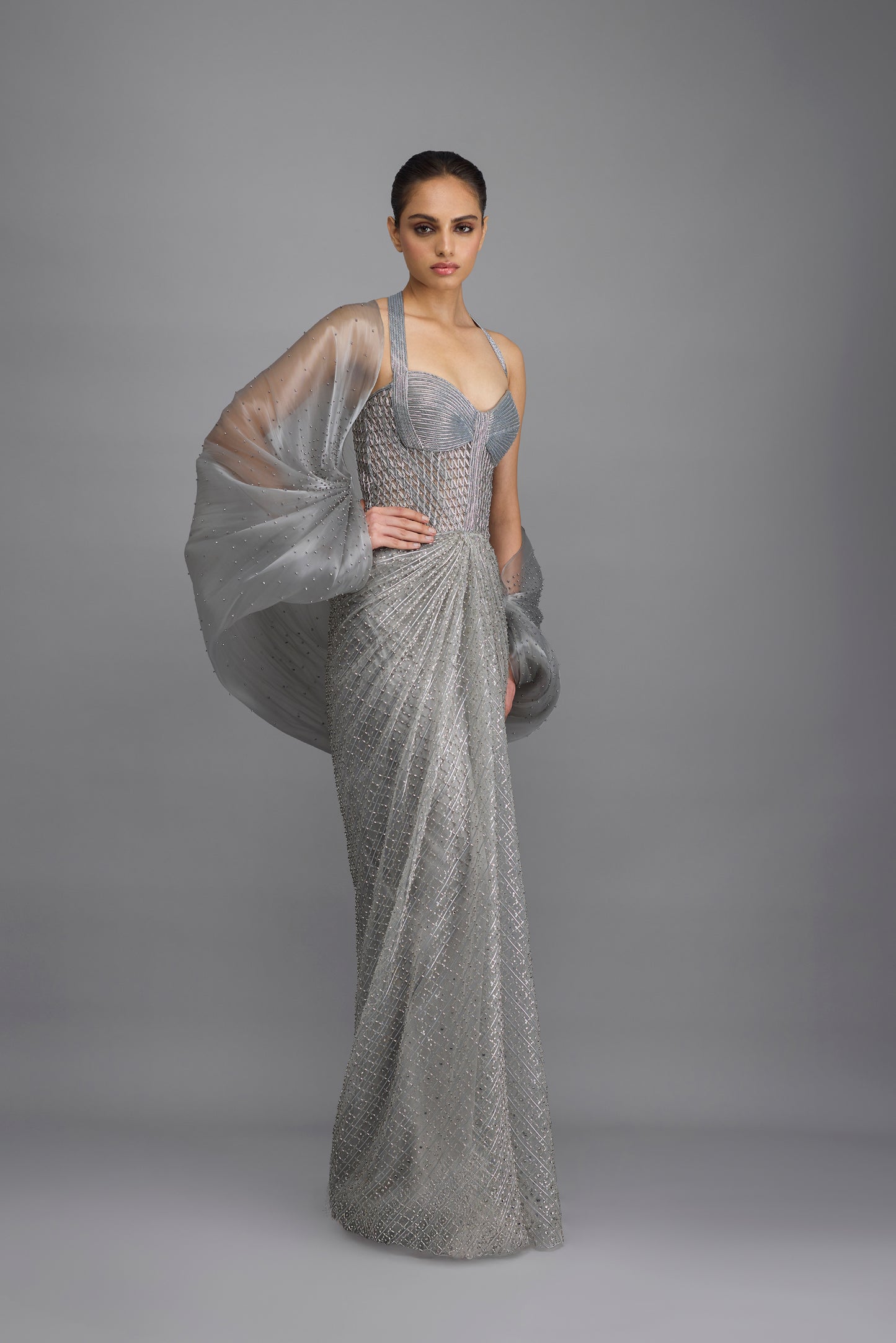 Moulded Beaded Gown With Cape