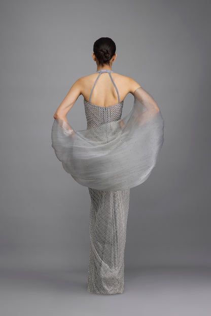 Moulded Beaded Gown With Cape