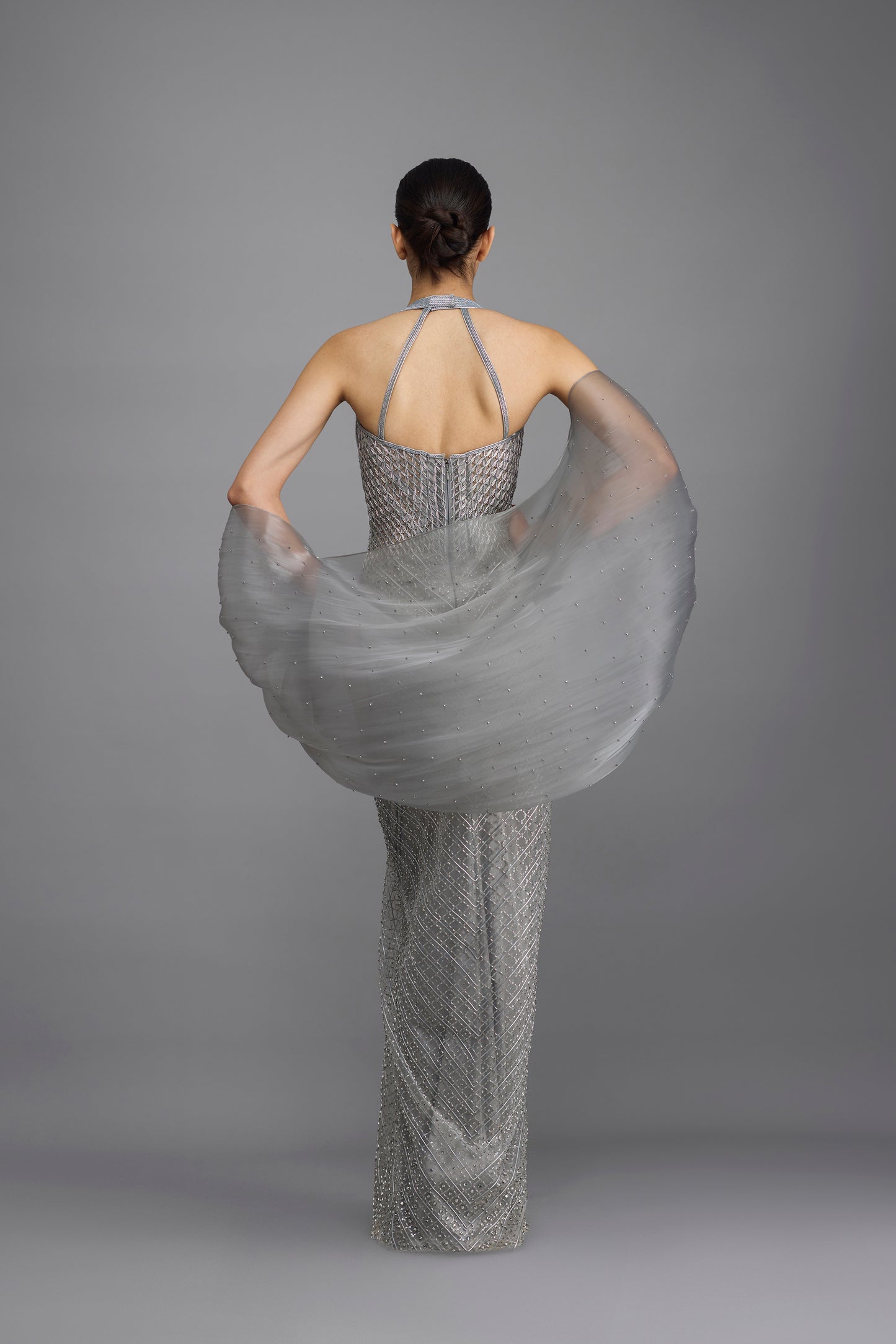 Moulded Beaded Gown With Cape