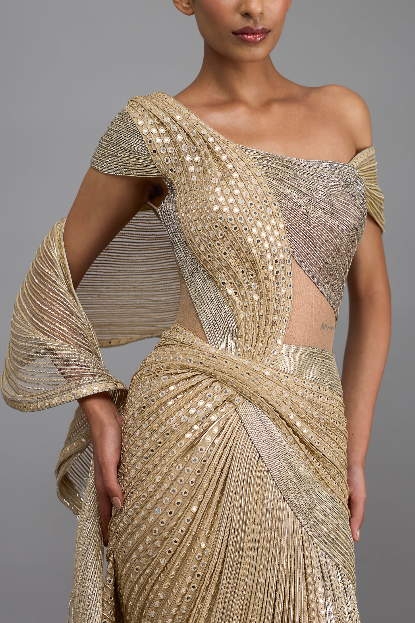Moulded Mirrorwork Draped Gown And Drape