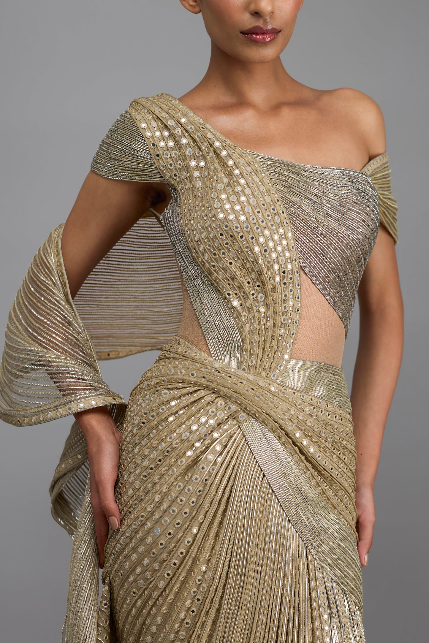 Mirror Embroidered Structured Gown With Drape