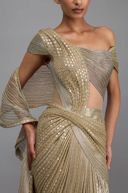 Mirror Embroidered Structured Gown With Drape