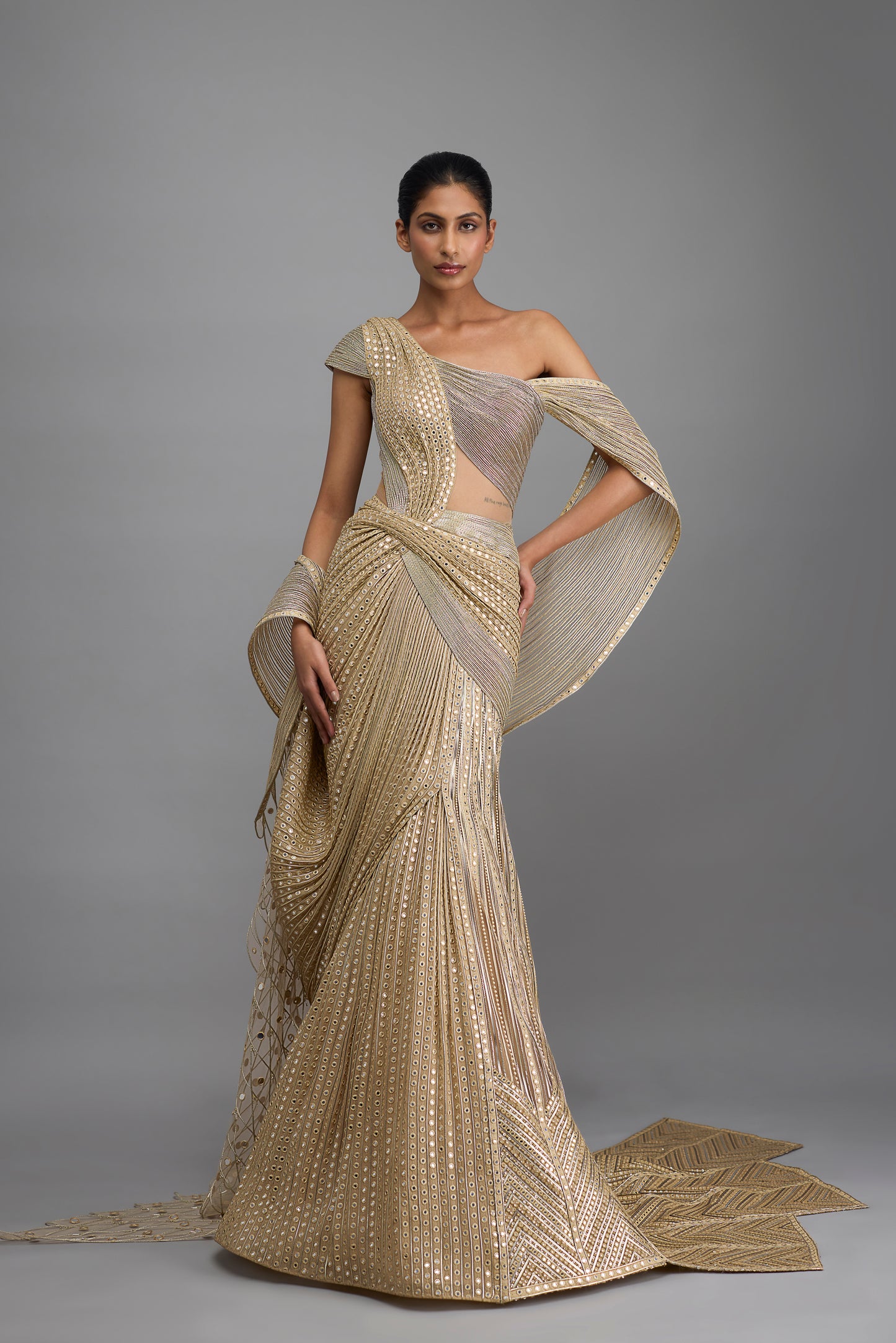 Moulded Mirrorwork Draped Gown And Drape