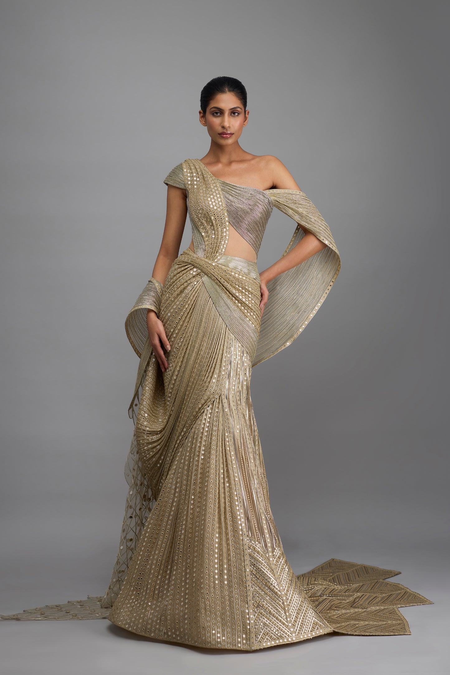 Mirror Embroidered Structured Gown With Drape