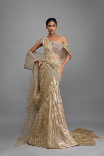 Moulded Mirrorwork Draped Gown And Drape