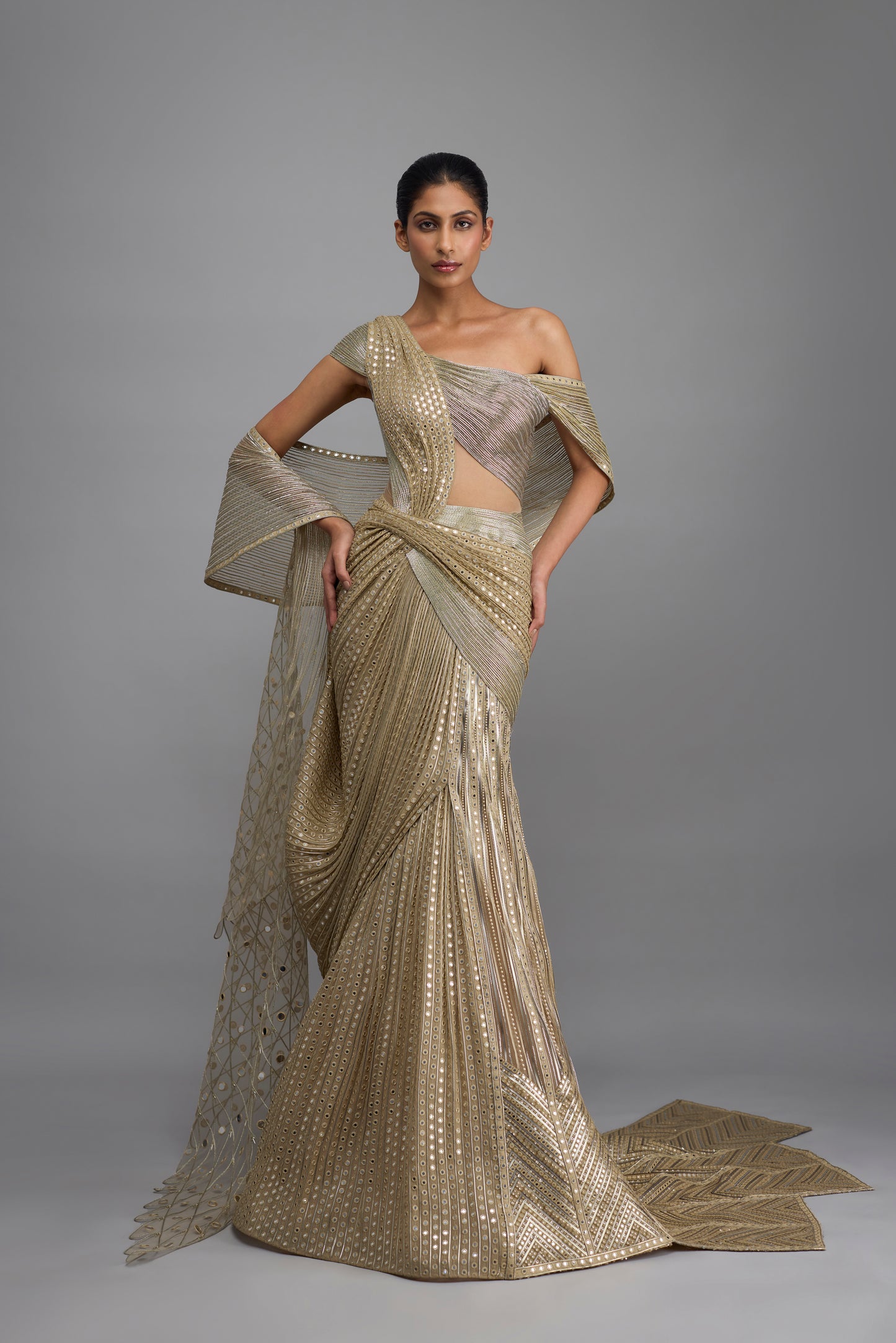 Mirror Embroidered Structured Gown With Drape