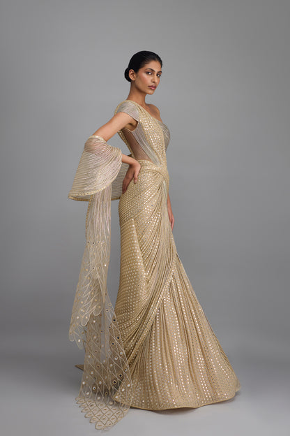 Moulded Mirrorwork Draped Gown And Drape