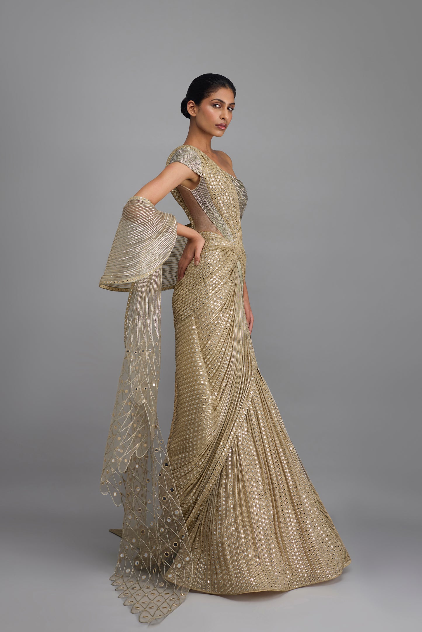 Mirror Embroidered Structured Gown With Drape