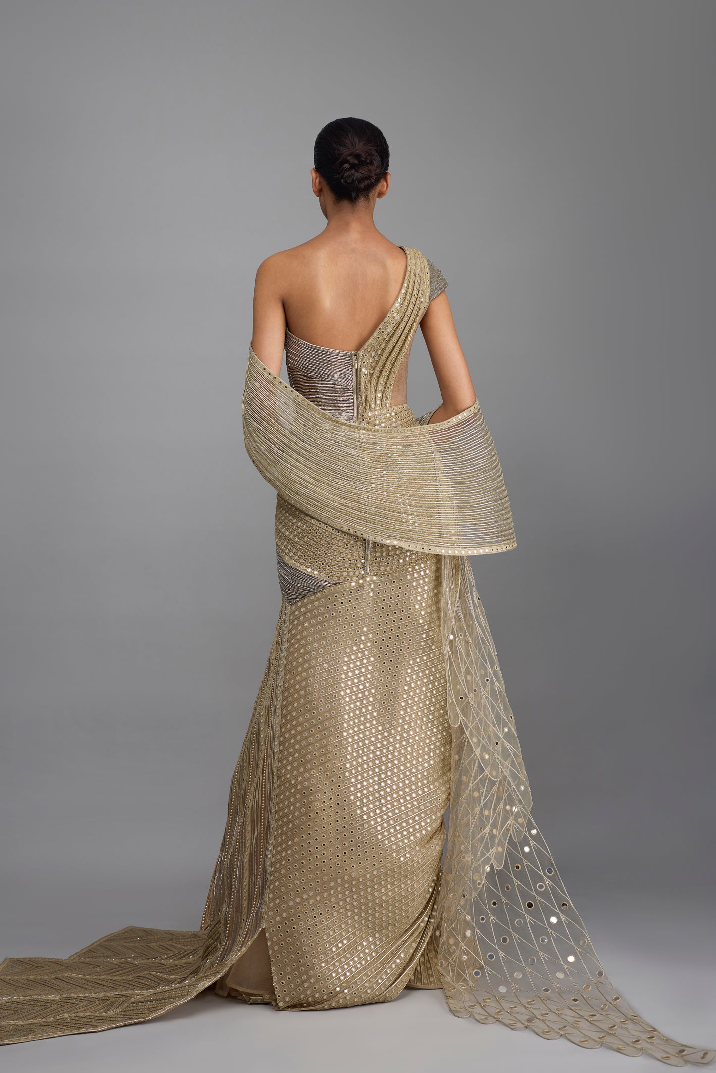 Mirror Embroidered Structured Gown With Drape