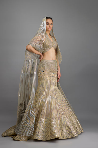 Metallic Halter Top And Fishtail Skirt With Drape