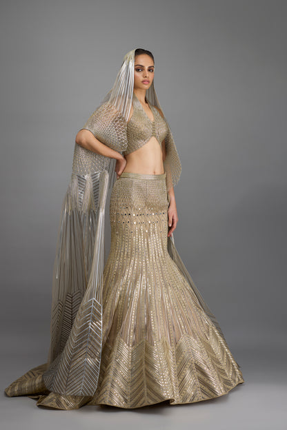 Metallic Halter Top And Fishtail Skirt With Drape