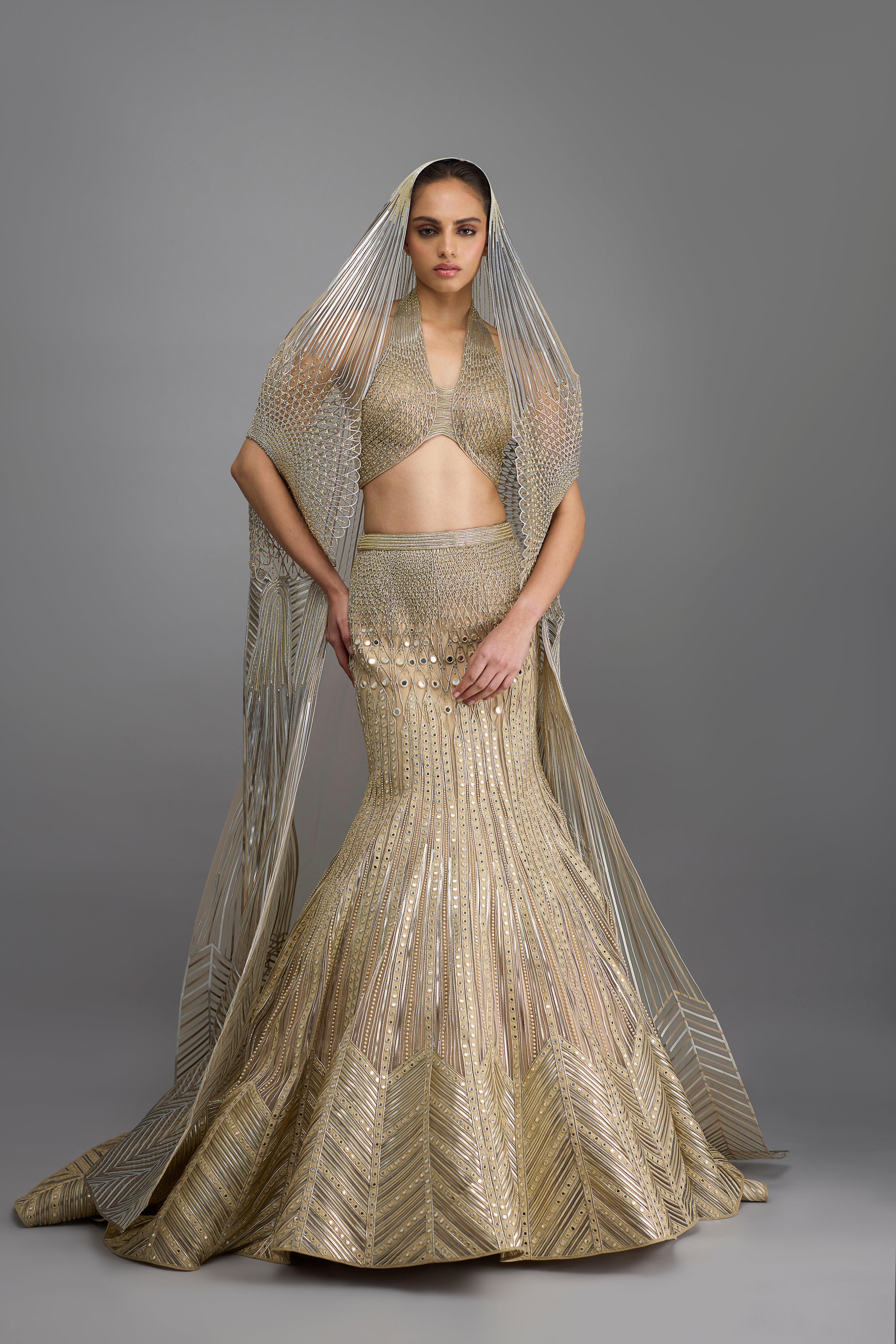 Metallic Halter Top And Fishtail Skirt With Drape