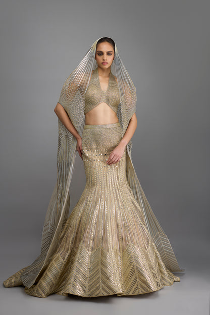 Metallic Halter Top And Fishtail Skirt With Drape