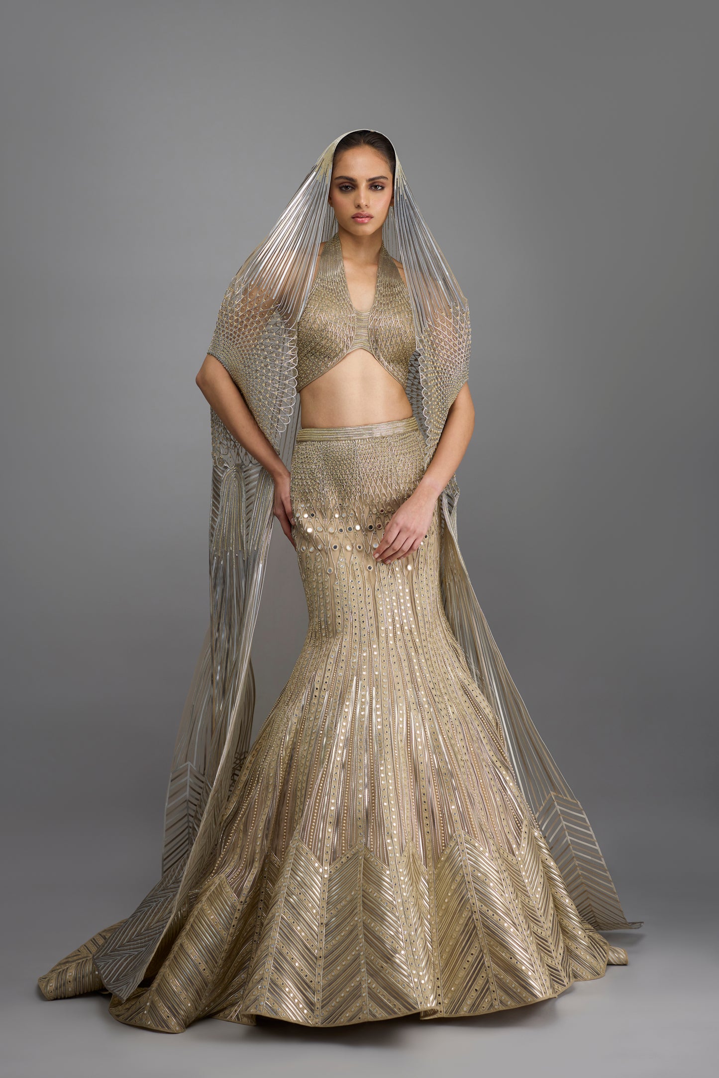 Metallic Halter Top And Fishtail Skirt With Drape