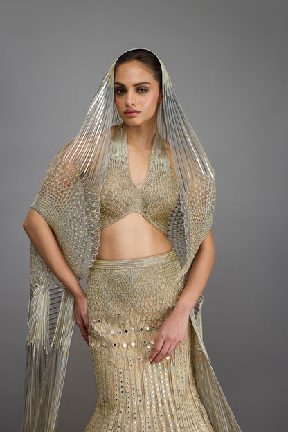 Metallic Halter Top And Fishtail Skirt With Drape