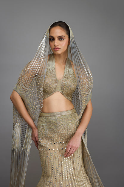 Metallic Halter Top And Fishtail Skirt With Drape